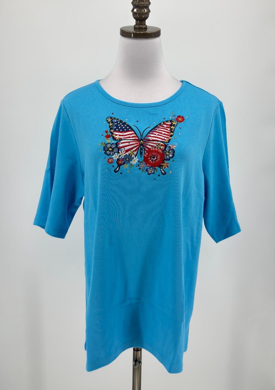Quacker Factory Blue Red White Blessed USA Butterfly Elbow Sleeve Top Sz L NEW